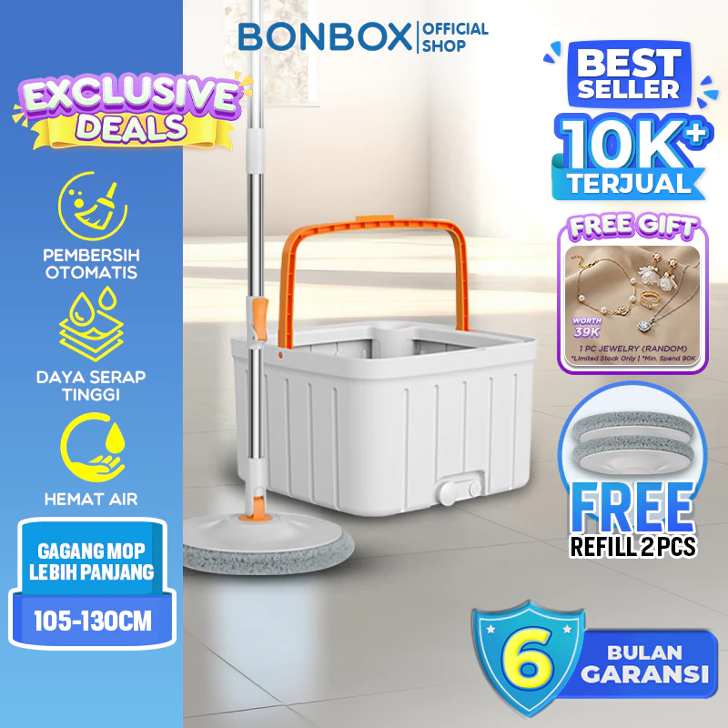 BONBOX PREMIUM Mop 2-in-1 Pel Lantai Membersih Hingga 360 Derajat Efisien Serat Pel Nano Tebal Pemakaian Fungsi Ganda BM-001