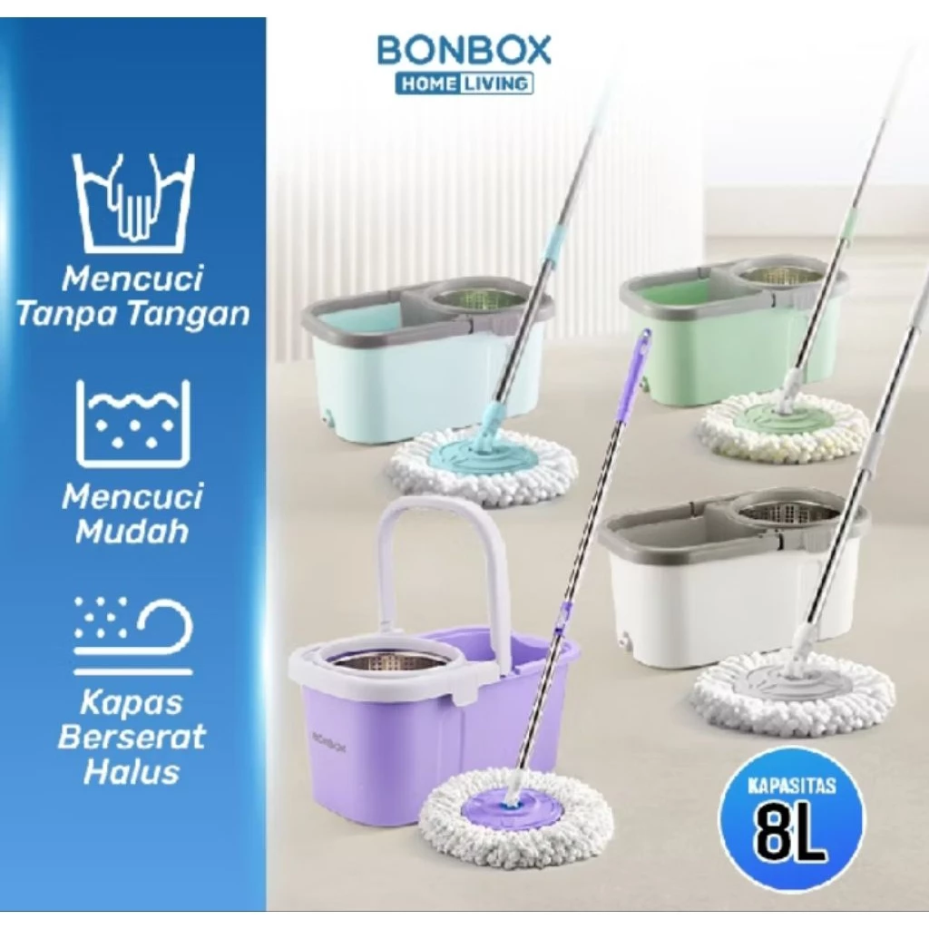 BONBOX BCT3612B Alat Tongkat Pel Lantai Dengan Ember Putar Spin Mop Mencuci Dan Membilas 2in1 | Super Mop Stainless