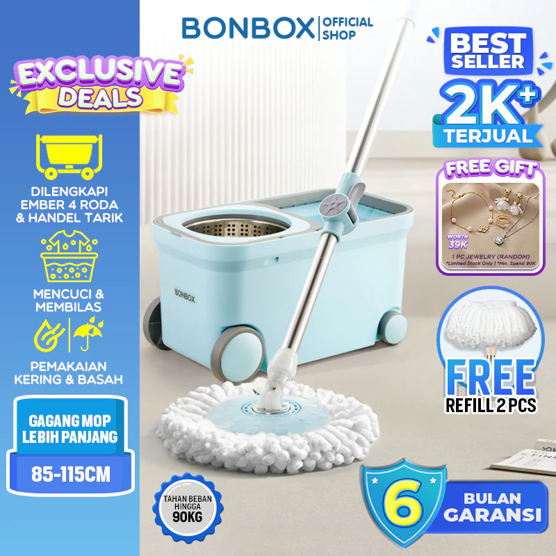 [READY] BONBOX PREMIUM Alat Pel Lantai 2 in 1 Kain Fiber dengan 4 Roda Ember Spin Mop Mencuci dan Membilas Alat Pembersih Lantai BCT401101