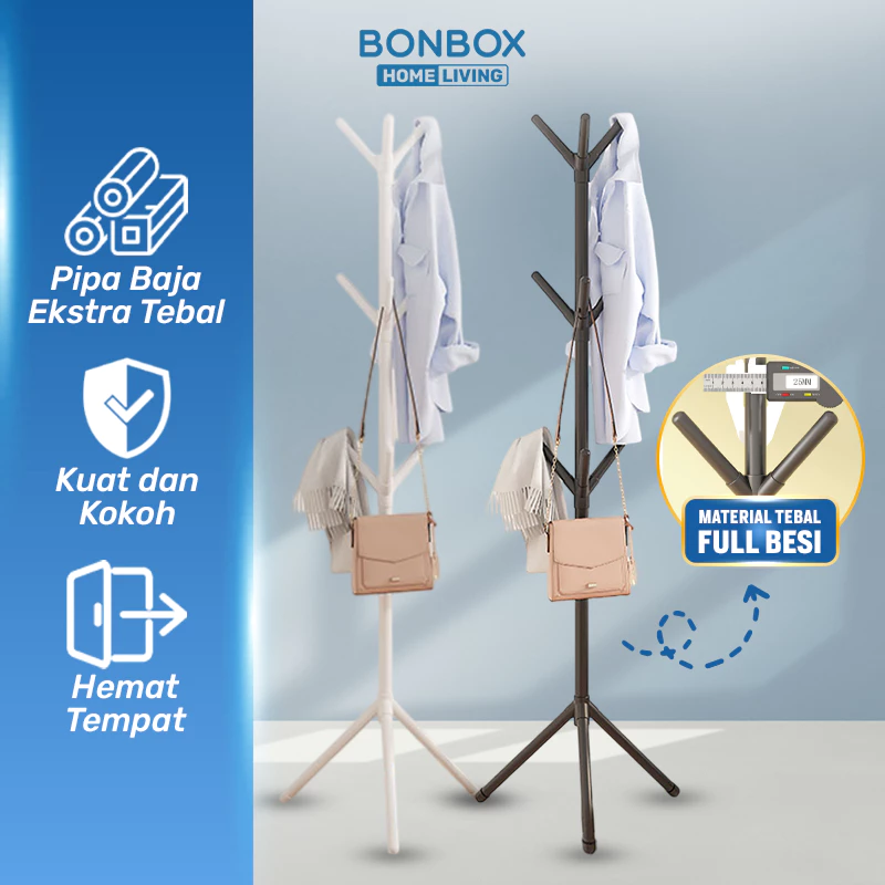 BONBOX Homeliving - Gantungan Baju Berdiri Serbaguna Untuk Baju Tas Topi Stand Hanger Tiang Stainless Rak Gantung Estetik BFS3507