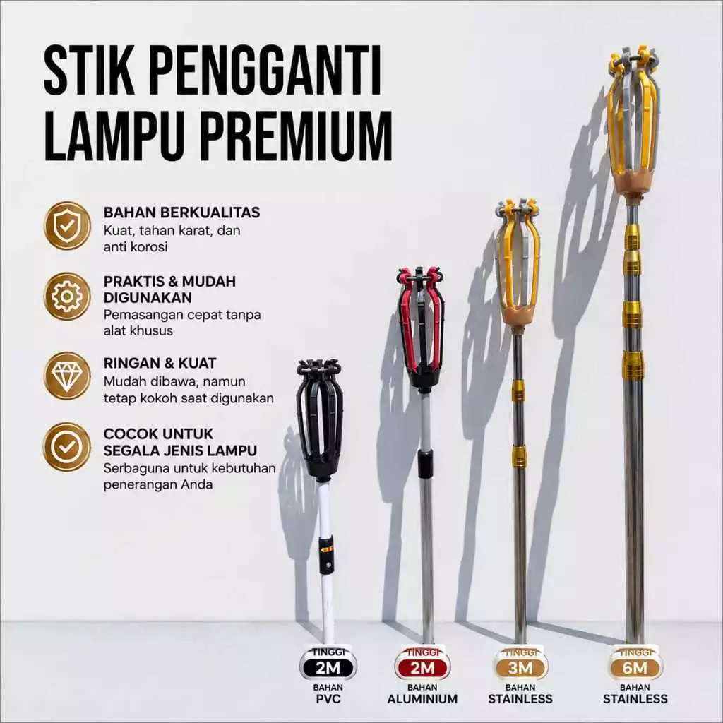 1 Set Stik Pengganti Lampu /  Tongkat Pengganti Lampu 8 Jari Jumbo 5- 50 watt 2, 3, 6 Meter