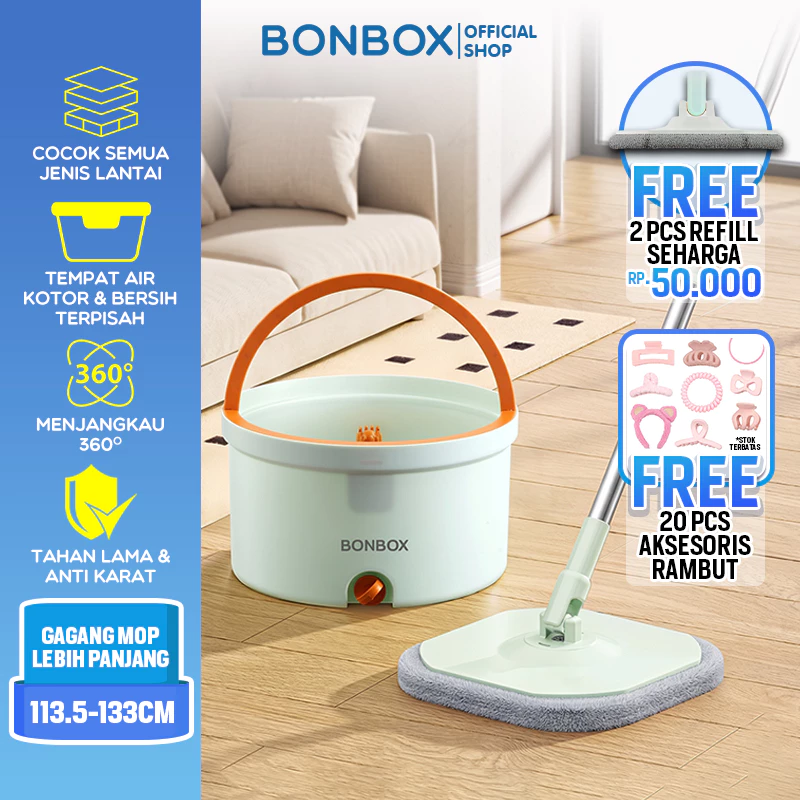 [TERMURAH] BONBOX PREMIUM Alat Pel Lantai Air Kotor & Bersih Terpisah FREE 2 Kain Alat Pel Refill BX-CT2-40701
