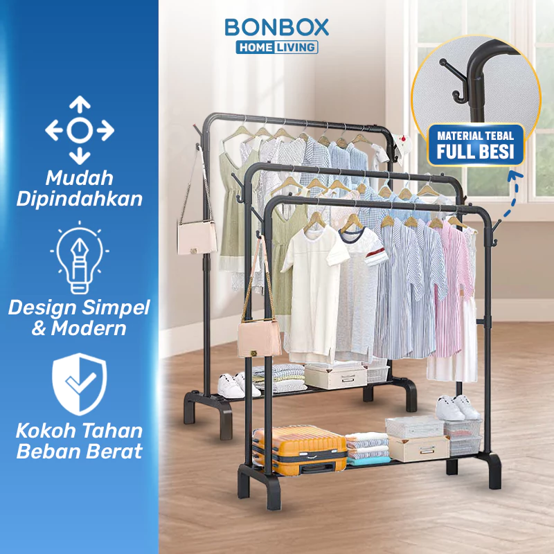 BONBOX Homeliving -  Stand Hanger Gantungan Baju Berdiri Bahan Besi Tempat Gantung Baju Gawangan Baju Rak Baju Serbaguna Premium Quality BFS3502 BFS3503
