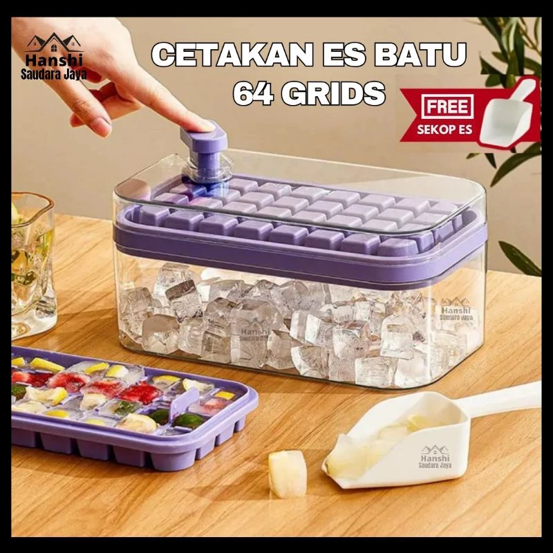Cetakan Es Batu 32 Grid 2 Tray Silikon Tombol Otomatis Dengan Tutup / Wadah BPA Free Bonbox Sekop Es