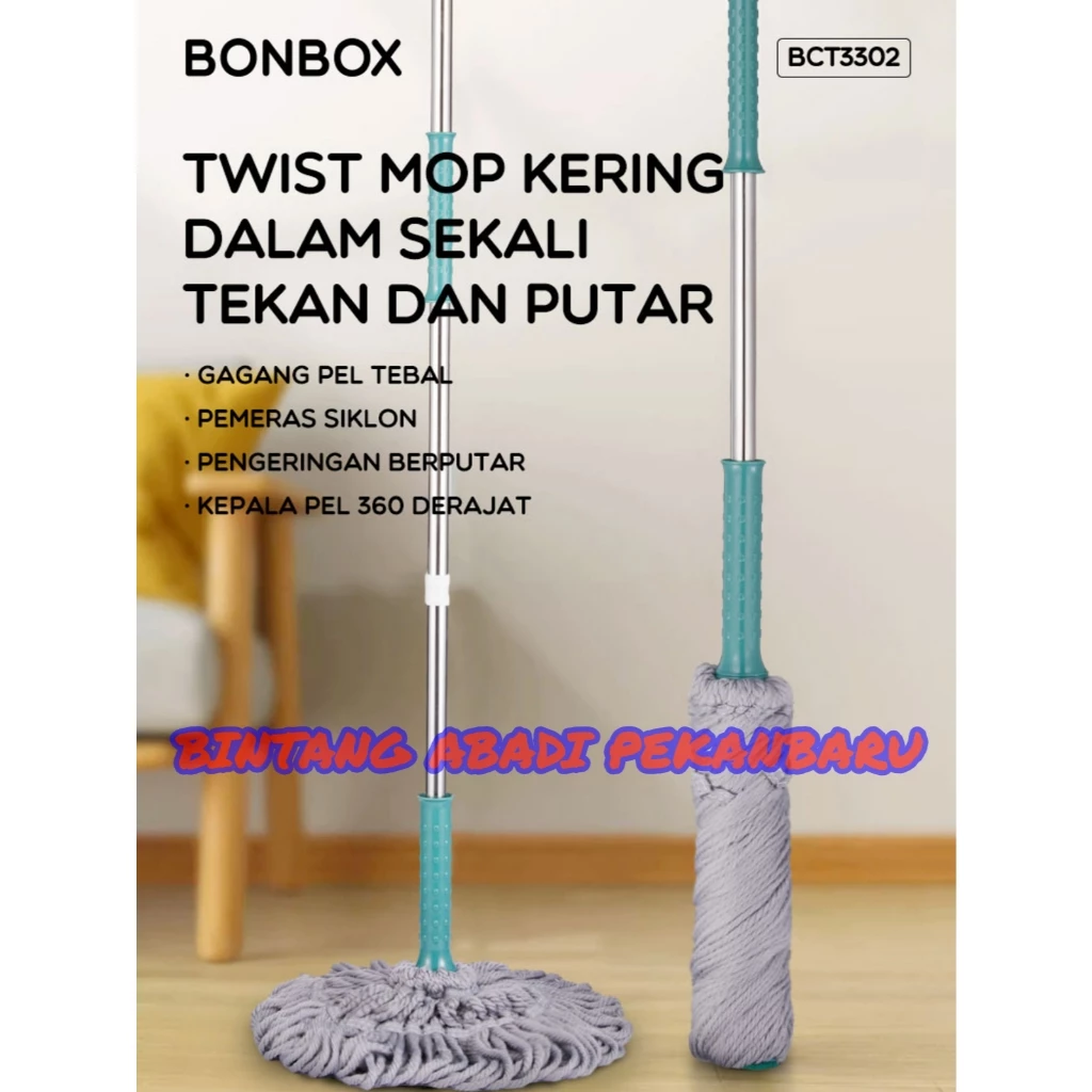 BONBOX BCT3302 Pel Lantai Microfiber Putar Otomatis Gagang Stainless BCT 3302
