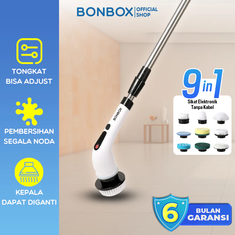 BONBOX PREMIUM Sikat Pembersih Elektrik 9IN1 Portable Sikat Pembersih Serbaguna Sikat Toilet Sikat Pembersih Mobil Garansi 1 Tahun Membersihkan Noda Multifungsi Tahan Air Anti Karat Berbahan Alumunium Menjangkau 360° USB Type-C 25W BCT50301