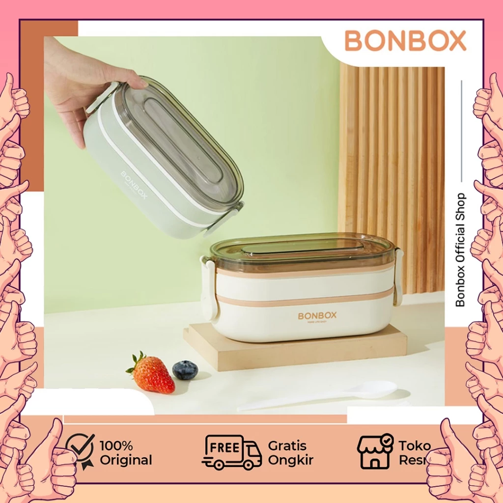 BONBOX X PANOVA BTE41208 LUNCH BOX PP 1000ML KOTAK BEKAL 2 LAPIS SEKAT ANTI BAU MATERIAL FOOD GRADE BPA FREE AMAN MICROWAVE