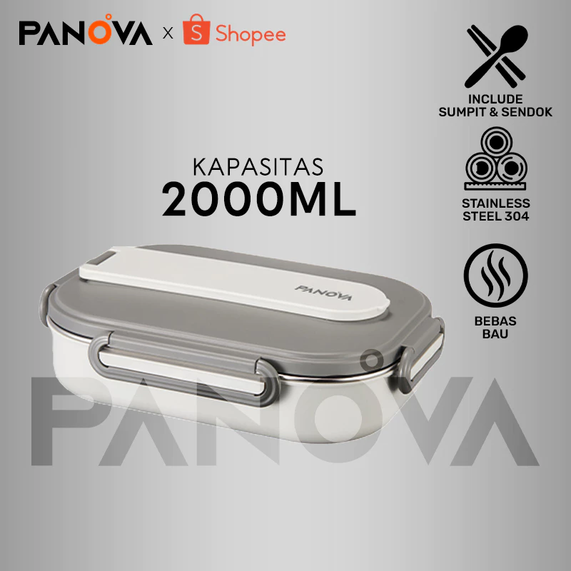 BONBOX Lunch Box Stainless Steel 304 - Kotak Makan Anti Bocor Kapasitas Besar 2000ML untuk Bekal Kerja & Sekolah Tas Portable Included - BTE41210 Warna Grey