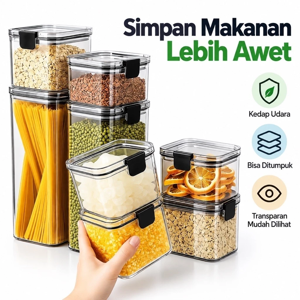 Toples Plastik Kedap Udara Wadah Bumbu Makanan Kering Bisa Ditumpuk Hemat Ruang Dapur
