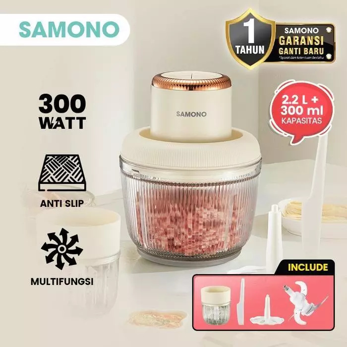 SAMONO Chopper SW-CD300 2 in 1 2,2L & 300ml Multifungsi 300 Watt Penggiling Daging Penghalus Makanan Anti Slip Garansi 1 Tahun Ganti Baru Pisau Stainless Steel Wadah Kaca Tebal
