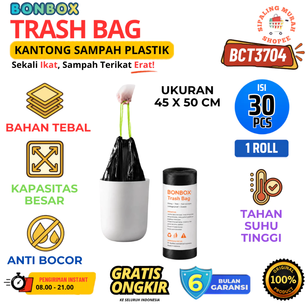 BONBOX BCT3704 KANTONG PLASTIK SAMPAH TRASH BAG CLEANING TOOLS HITAM 30 PCS / PACK ANTI BOCOR TERMURAH