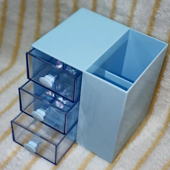 BONBOX Mini Drawer Organizer BSB40505 Biru Pastel 3 Laci Transparan & 1 Kompartemen Storage Box Meja HIPS PS untuk Kosmetik, ATK
