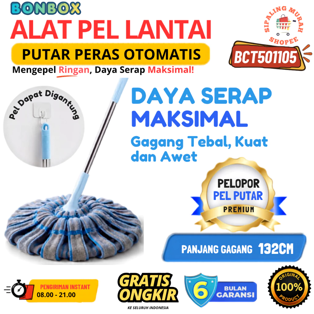 BONBOX BCT501105 PREMIUM Pel Putar Otomatis Pembersih Lantai Microfiber Hand Wringing Flat Mop BCT501105 Blue New Upgrade