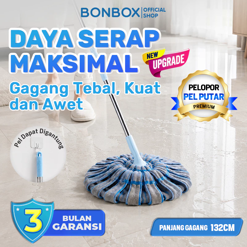 [NEW UPGRADE] BONBOX PREMIUM Pel Putar Otomatis Pembersih Lantai Microfiber Hand Wringing Flat Mop BCT501105 Blue