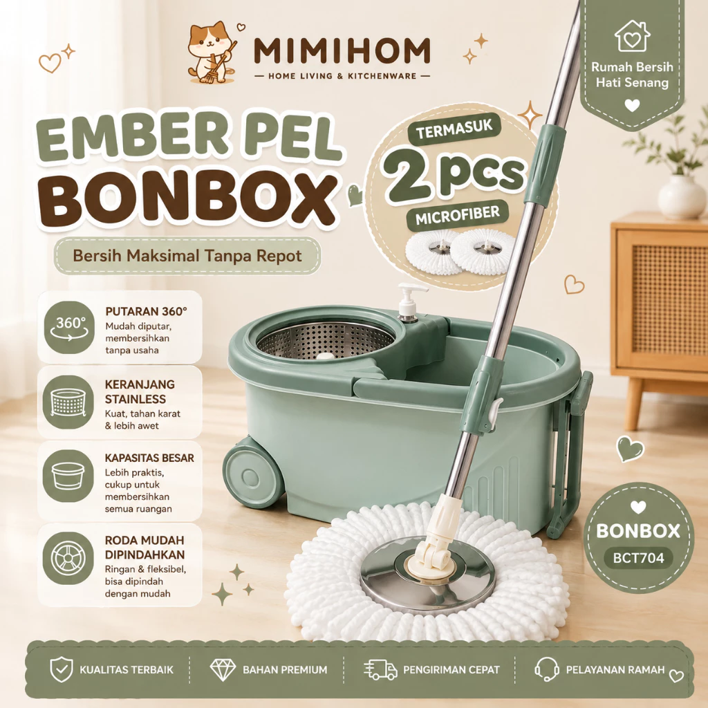 BONBOX Alat Pel Lantai Premium Kain Microfiber dengan Ember Putar Spin Mop Mencuci Membilas Otomatis BCT704