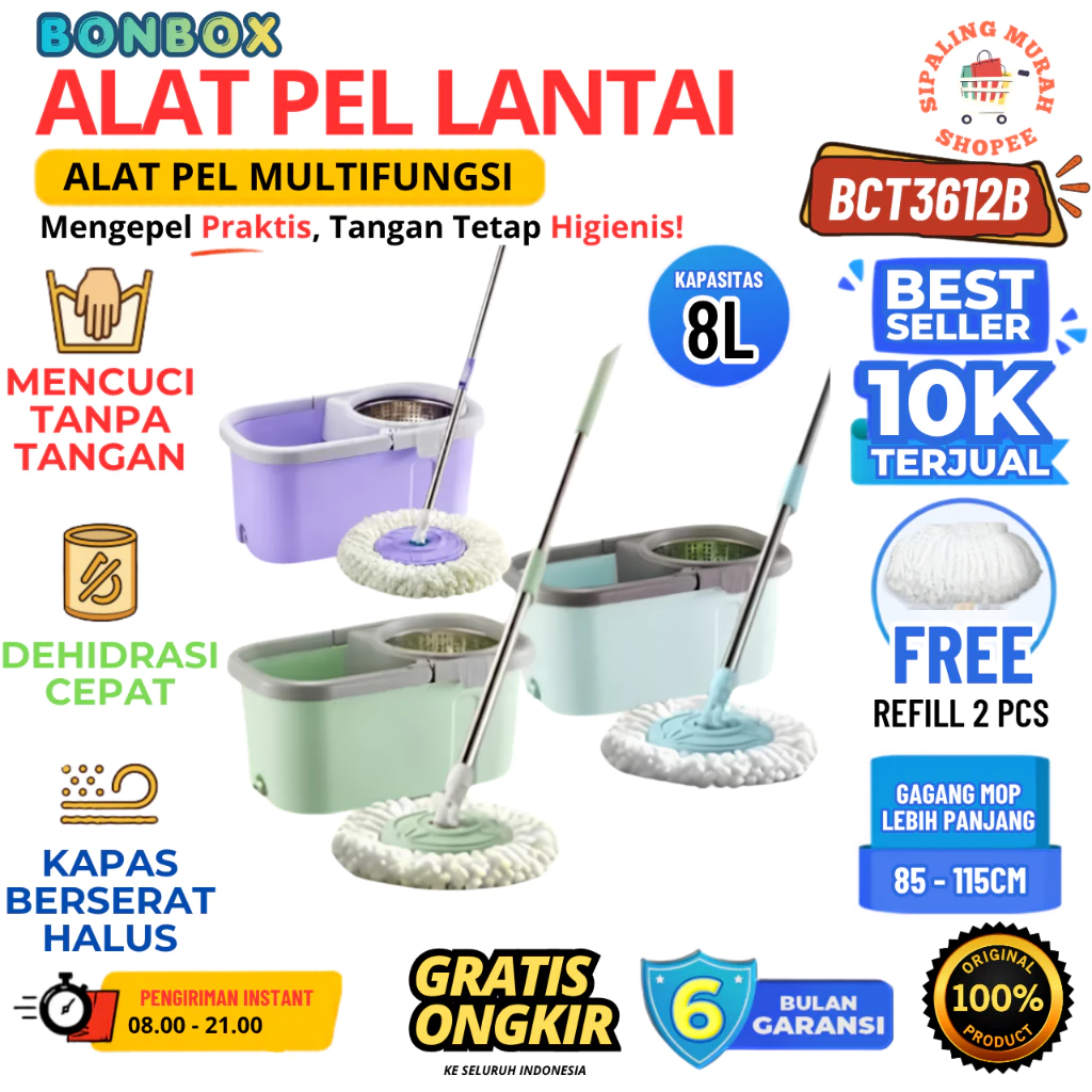 BONBOX BCT3612B ALAT TONGKAT PEL LANTAI DENGAN EMBER PUTAR SPIN MOP MENCUCI DAN MEMBILAS 2 IN 1 TERMURAH