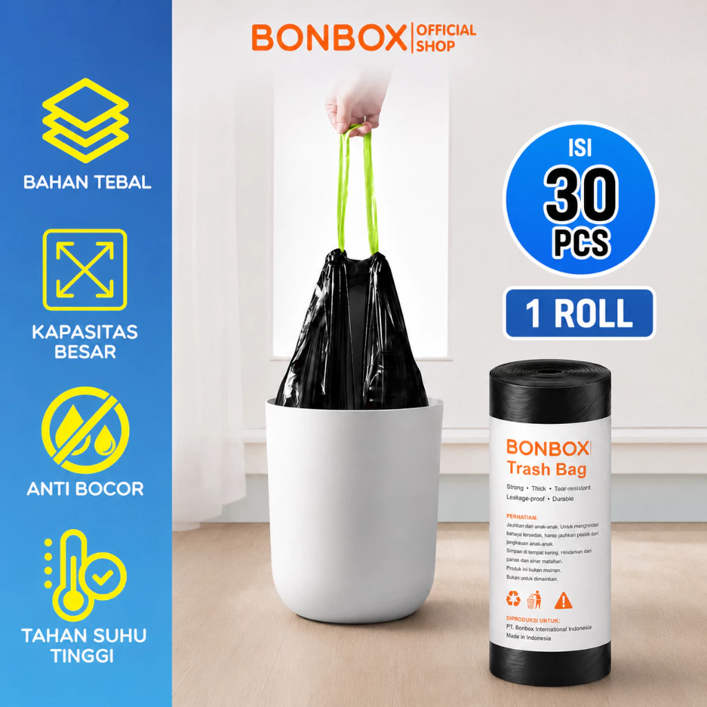 [30 PCS] BONBOX PREMIUM Plastik Sampah 30 PCS Kantong Plastik Sampah Besar Ukuran 45 x 50 cm Hitam Kemasan Ekonomis Super Hemat Roll Hitam Trash Bag Anti Bocor BCT3704