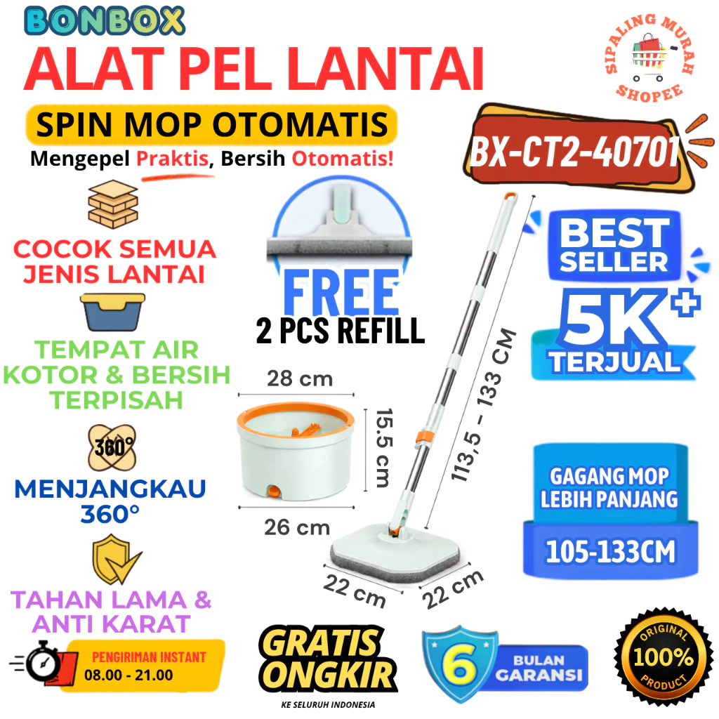 BONBOX BX-CT2-40701 ALAT TONGKAT PEL LANTAI 2 IN 1 TEMPAT AIR KOTOR DAN BERSIH TERPISAH MOP KAIN FIBER DENGAN SPIN MOP ALAT PEMBERSIH LANTAI TERMURAH