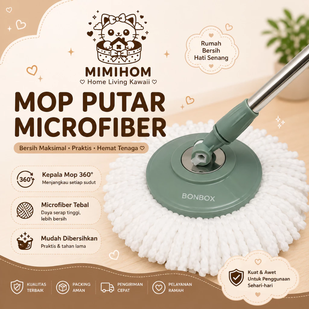 BONBOX Tongkat Pel Lantai Kain Microfiber Spin Mop BCT3505 Original Stainless Include Refill