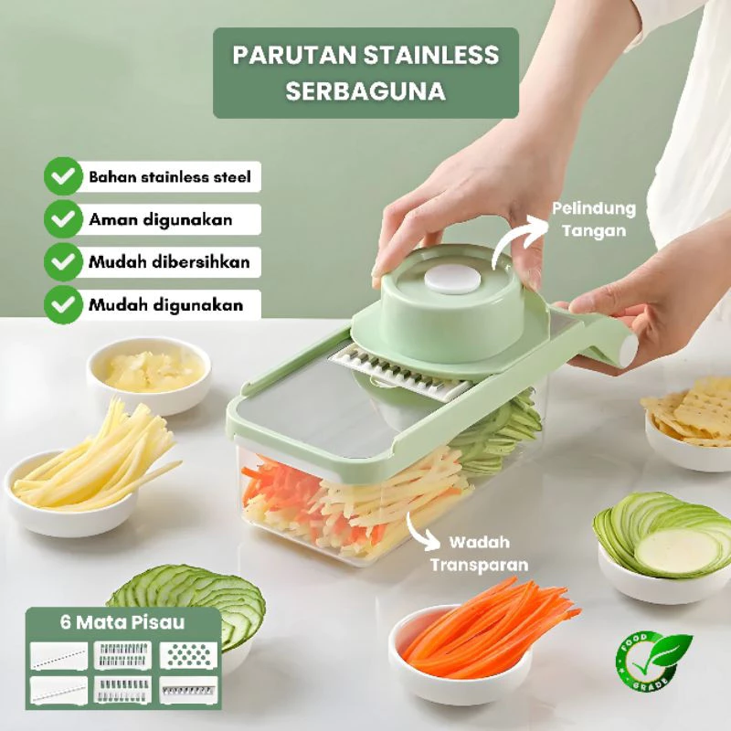 [ 6 in 1 ] Parutan Stainless Potong Iris Sayur Buah Serbaguna Premium Vegetable Cutter 6 pisau + wadah Transparan/Slicer Stainless COD