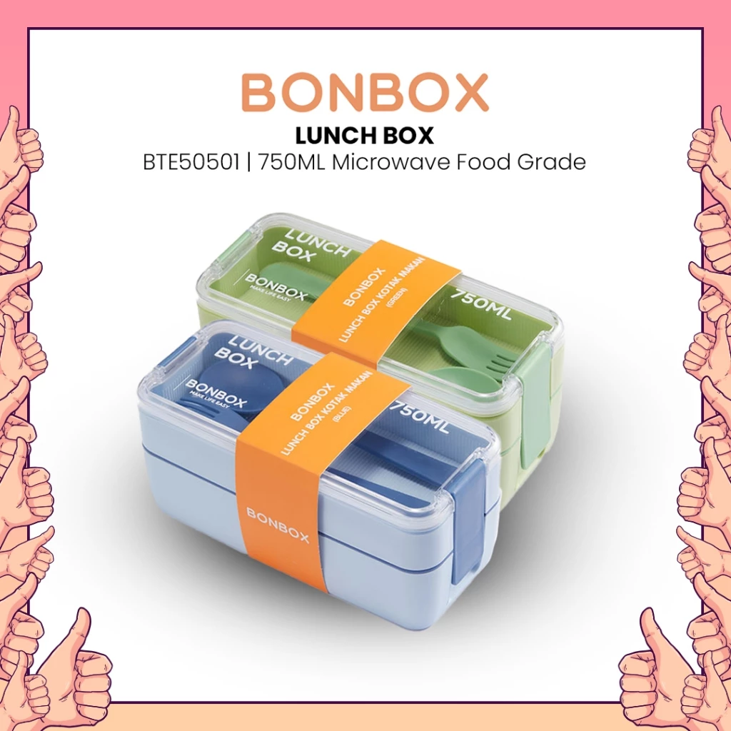 BONBOX BTE 50501 Kitchen Lunch Box 750ML Microwave Safe FREE Sendok Garpu Kotak Bekal Makan Siang Premium Food Grade Anti Tumpah
