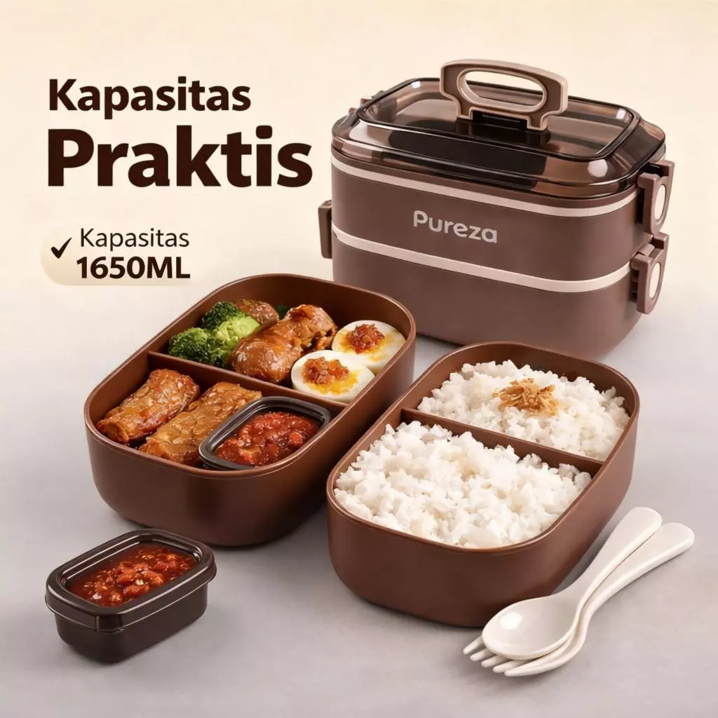Kotak Makan 1650ML Besar Bento Box 4 Sekat lunchbox Anti Bocor Wadah Makanan Praktis Sendok Garpu Kotak Praktis Sekolah Kantor